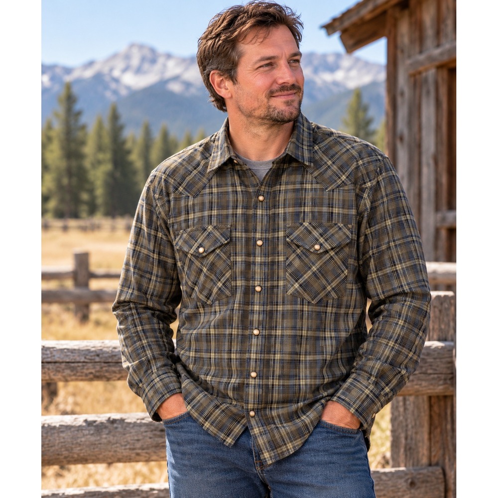 Pendleton Frontier Mens L Green/Blue Pearl Snap Western Plaid Long Sleeve Cotton